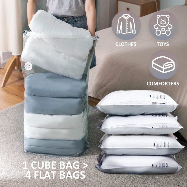 Cube Vacuum Opbevaringsposer til tøj - 4 Pack (80×100×38cm) | Pladsbesparende tasker til sengetøj, puder, dyner | 2-i-1 ventil til nem kompression