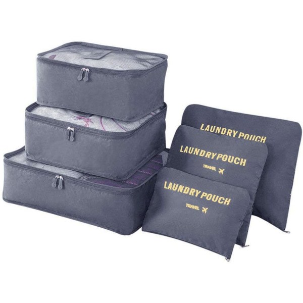 Rejsearrangør-pakkeposer, 6 STK Rejsepakkerier sæt til tøj Rejsebagage-arrangører Opbevaringsposer Grey
