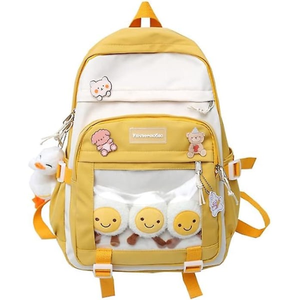 Kawaii pigerygsæk med nåle og tilbehør Søde børn æstetisk rygsæk Teenager bogtasker-gul