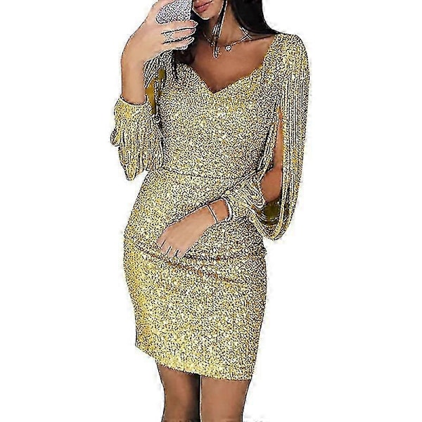 Dam Paljettklänning Glitter Sexig Djup V-ringning Kort Klänning Ovanför Knälängd Lång Ärm med Tofsar XXL Yellow