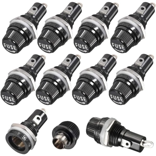10 stk. 5 x 20 mm sikringsholder AC 10A 250V sort skruehætte sikringsholder, panelmonteret skruehætte sikringsholder
