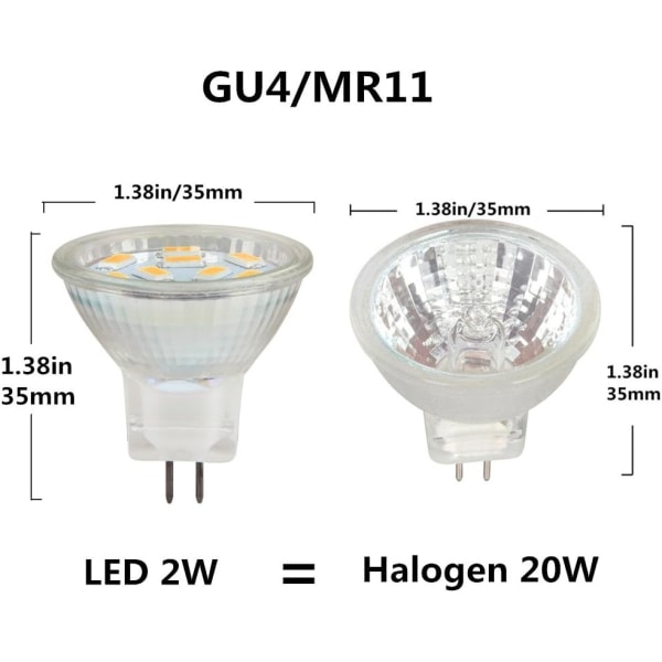 LED MR11-pærer 2W 12V, GU4 Varm hvid 3000K, 20W Halogenækvivalent, MR11 G4/GU4.0 LED-pære (pakke med 4)