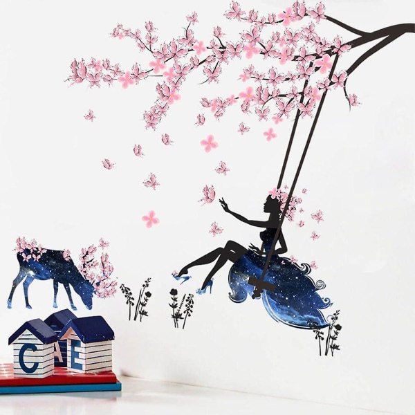 Flicka på en gunga & älg Silhouette väggdekaler med rosa fjärilar Väggdekal Hemdekoration Avtagbara DIY Vinyl Väggdekaler för att leva Ro