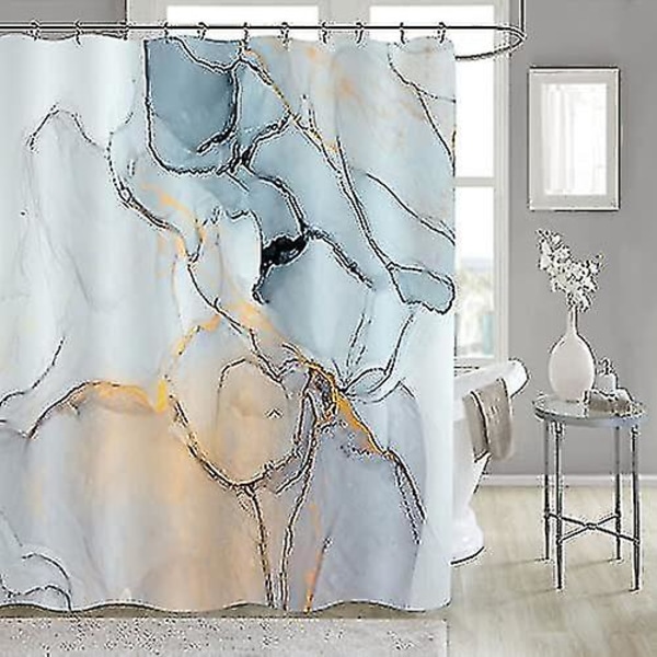 Ekstra langt badeforhæng 180 X 210 cm, abstrakt blå grå marmor stort badeforhæng, moderne blæk Vandtæt stof bruseforhæng sæt med kroge