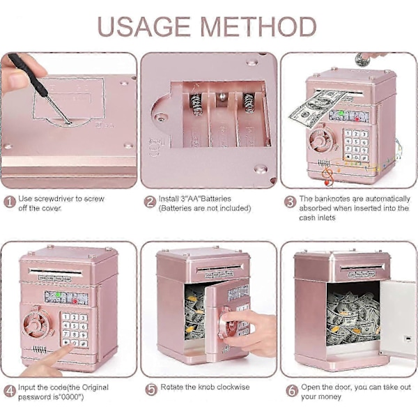 Pengeboks for barn i alderen 3-12 år, elektronisk pengeboks sikkerhetsboks for jenter og gutter, passord pengeboks spareboks for jenter barn -Qin Rose Gold