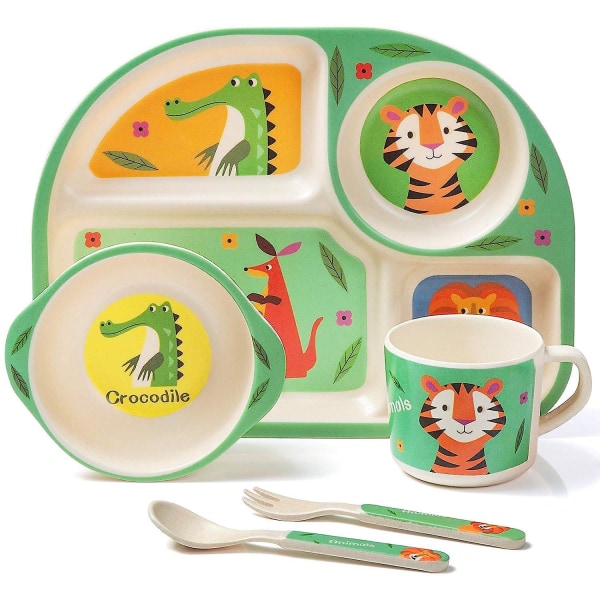 Bambus servisesett for barn, 5-delt servisesett for barn Tiger, tallerken, skål, skje, gaffel, kopp, alder, resirkulert naturmateriale Bpa Free