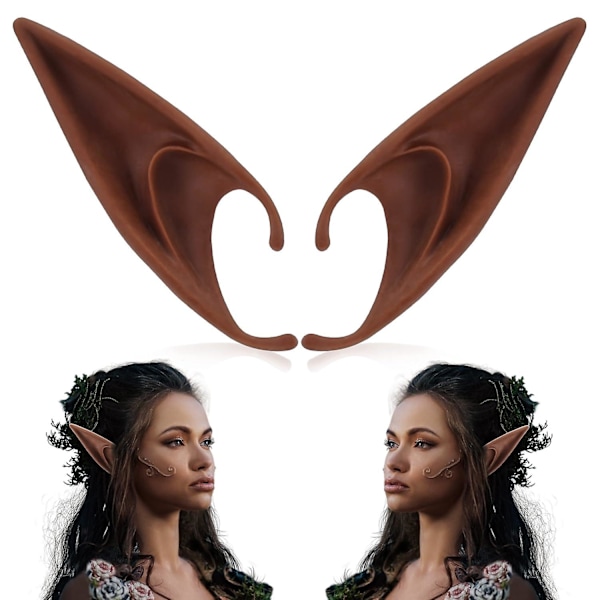 Brune Alfeører - Kort og Langt Fe-Øre Sæt, Silikon Vampyrører, Brun Pels Kvinder, Cosplay, Renaissance Dark brown 12cm