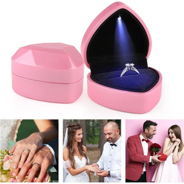 Ringboks med LED-lys Smykkegaveeske Forlovelse Kreativ Diamant Hjerteformet Ringboks Bryllupsringetui  (Svart)