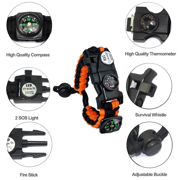 7-in-1 Survival Paracord -rannekoru - taktinen rannekoru - hätätilanne Oranssi ja musta