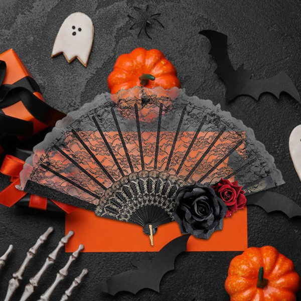 Halloween Musta Käsikäyttöinen Pitsiruusu-Käsituuletin, Vintage Retro Kukallinen Espanjalainen Suuri Taittuva Tuuletin