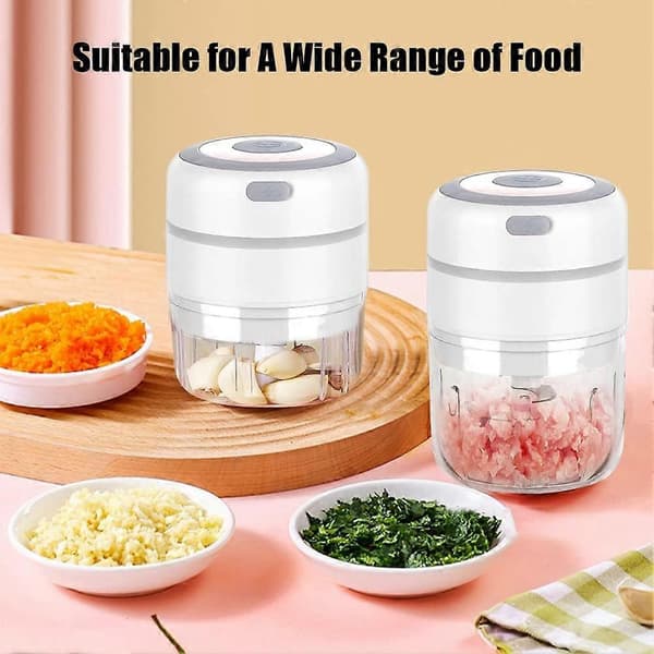 Mini Elektrisk Lökhackare med 2 Koppar, Multi Elektrisk Kökshackare 250ML+100ML, USB Uppladdningsbar för Grönsaker Frukt Kött (Vit)