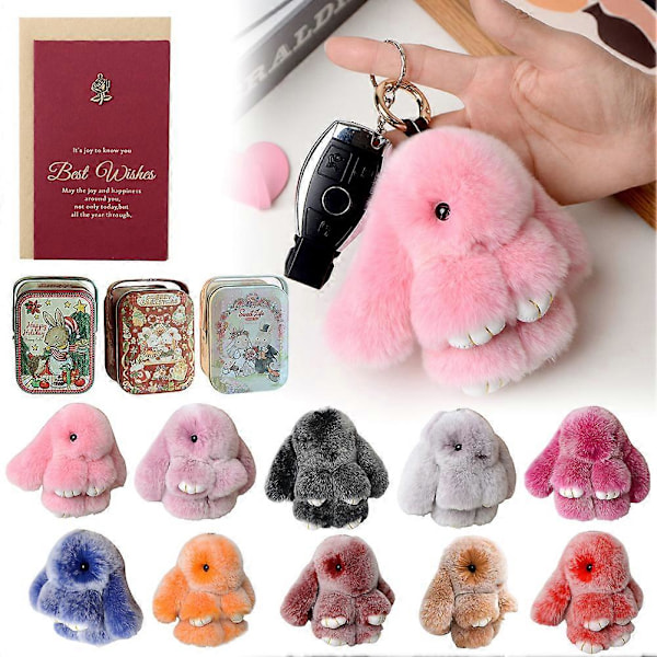 Handgjord Bunnylulu Nyckelring med Tennask och Presentkort - Mjuk Kanin Pompom Söta Nyckelringsberlocker för Kvinnor Flickor Julgåvor Frost Pink Adele Rose