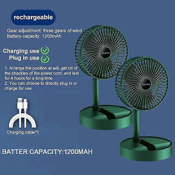 Drevet Håndventilator Bordmodel Foldbar Udtrækkelig Lille Ventilator Mini Bærbar Opladning USB Hjem Lav Støj Høj Varighed Standby Mini Elektrisk Ventilator Green Charging 2pc