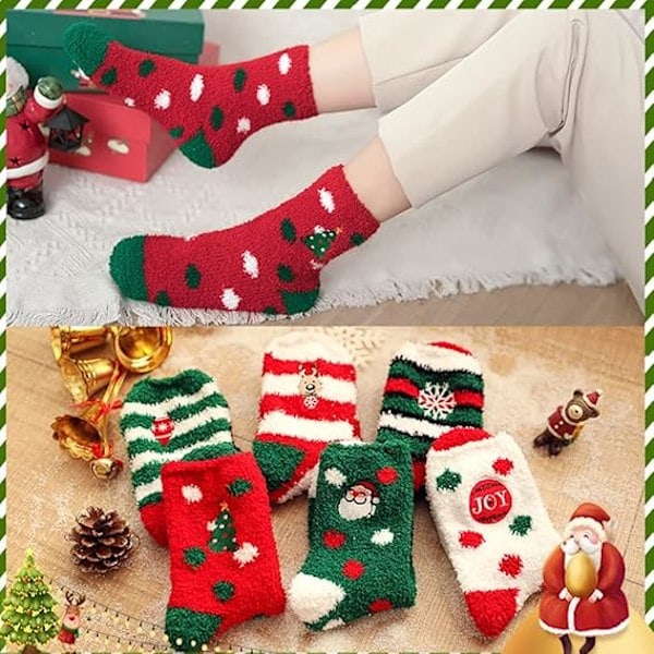 Damstrumpor med julmotiv, fluffiga tofflor, tecknad tomte, tydliga ränder, prickar, vintervarma, mysiga, korallfleece, stil 5