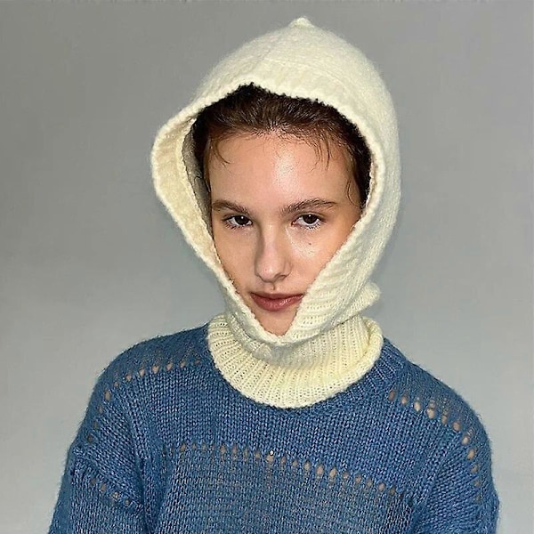 2023 Korkealaatuinen villainen naisten neulottu hattu Balaclava-pipo Syksy-talvihatut Korean suunnittelija Lämmin pusero Snood-hattu Kaulus Bonnet Ivory 56-59cm
