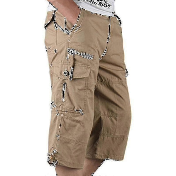 Herre 3/4 Lange Elastiske Shorts Talje Cargo Combat Trekvart Bukser Khaki XL