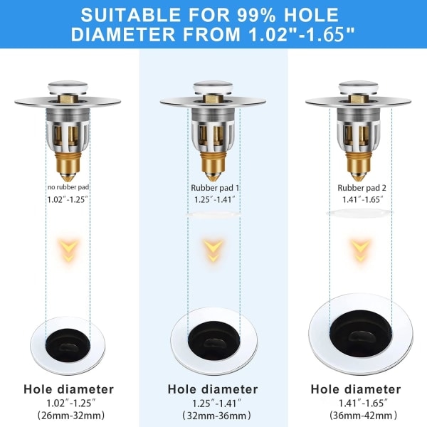 Pop-up afløbsfilter til vask, universel pop-up afløbsfilter med anti-tilstopningsfilter, anti-lugt hårfilter til 26-42mm hul