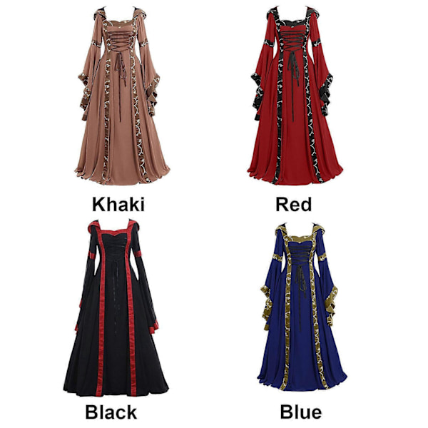Medeltida Kvinnor Klänningar med Huvor Gotisk Renässans Drottning Cosplay Lång Klänning Kvinnlig Retro Fancy Kläder Halloween Khaki M