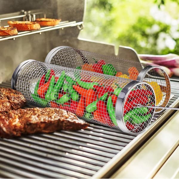1/2 stk. Rullende Grillkurve - Bedste Grillkurv Nogensinde, Rund Grillnet i Rustfrit Stål 20 x 9 cm 2 stk. 2pcs