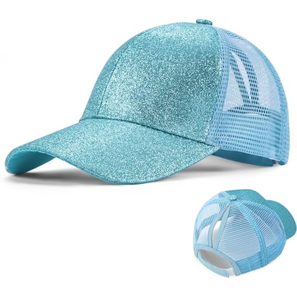 Jente Baseball Cap Glitter Hestehale Baseball Hat Sommer Solhatt med Høy Knute Messy Hestehale Hull Visor Cap