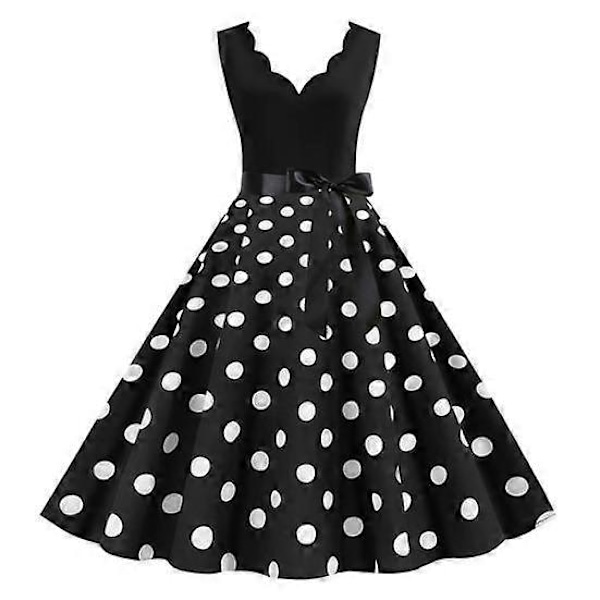 Dame Midi Kant Høy Midje Snøring Stram Kjole Blomster Sløyfe Dekor Ermeløs A-linje Løs Kant Prikket Retro 50-talls black white S