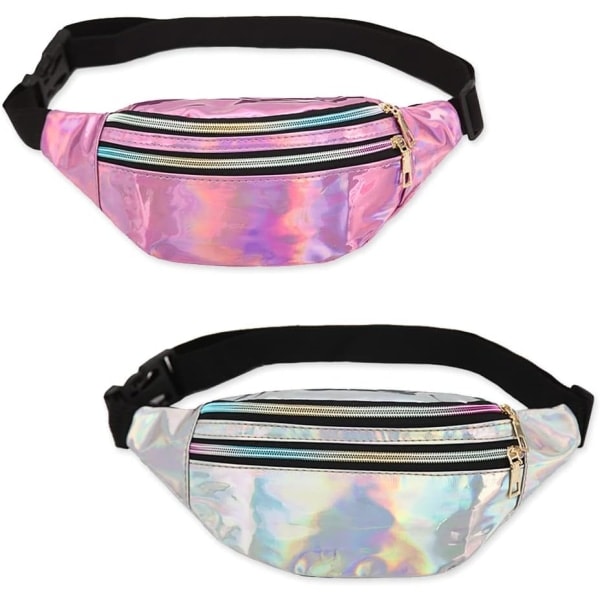 2 kpl Holograafisia vyölaukkuja, Iridescent Fanny Pack, Kiiltävä vedenpitävä vyölaukku urheiluun, matkustamiseen Purple, Silver