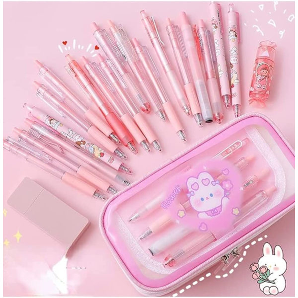 Kawaii kæde lynlås kanin print multi lag stort kapacitet gennemsigtig blyantkasse skoleartikler