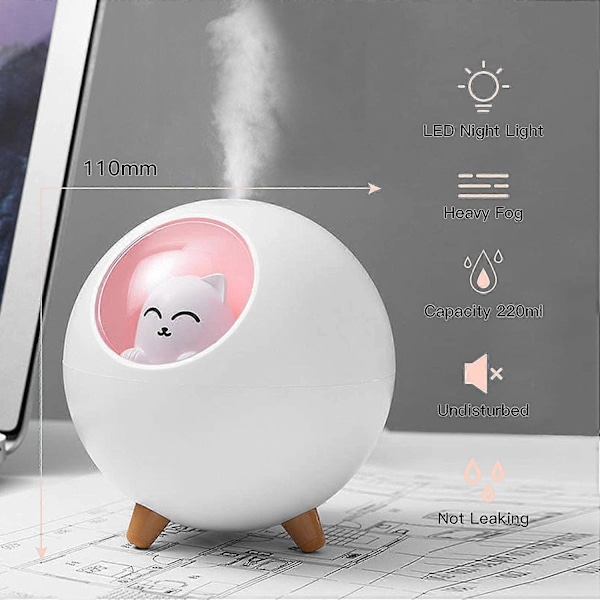 Mini Luftfugter, USB Bærbar Støjsvag Luftfugter, Sød Baby Luftfugter, Soveværelse Luftfugter med LED Natlys Funktion til Soveværelse, Kontor