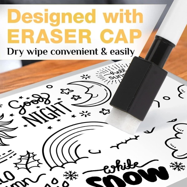 Små whiteboard-penne, 10 stk sorte whiteboard-penne med viskelæder, fine whiteboard-penne