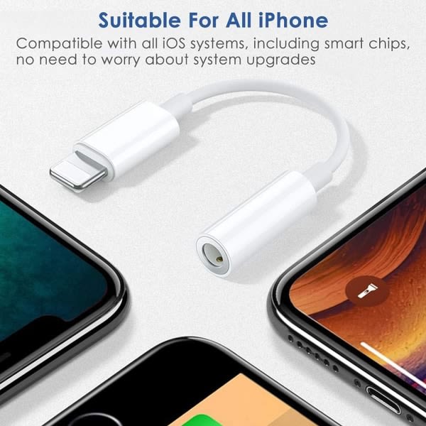 Lightning til 3,5 mm hodetelefonkontakt-adapter, adapter for iPhone-hodetelefoner, kompatibel med iPhone 14 13 12 11 XR XS Max X 8 7 6, støtter alle iOS