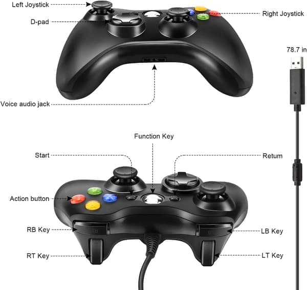Xbox 360-kontroll - USB-ansluten, förbättrad dubbelvibration, ergonomisk för Xbox 360/Slim & PC