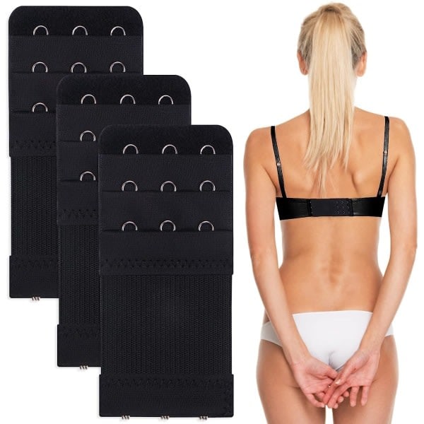 3-pack svart bh-förlängare för kvinnor 3 krokar 3 rader stretch underkläder