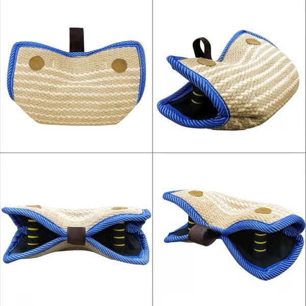 Bitepute i jute/lin, 2 håndtak + 1 ring, 35,5 cm og 20 cm for store hunder (schæfer/bully/pitbull/rottweiler)