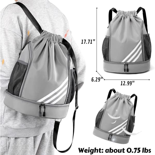 Sportsnöre Ryggsäck Stor Gym Väska med Skofack Vattentät Nylon för Gym Shopping Y02  gray