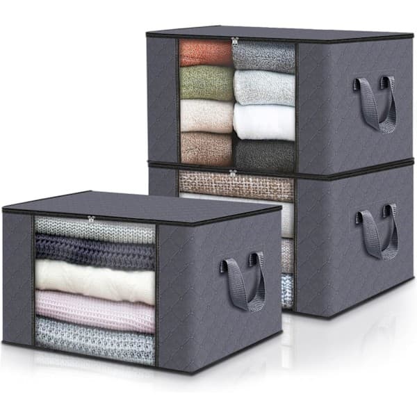 Förvaringslådor för Kläder, Förvaringsväskor för Kläder, Garderobsförvaring, med Förstärkta Handtag (Mörkgrå, 3-Pack)