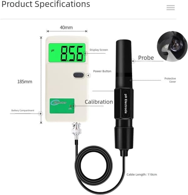 Digital pH-måler med baggrundsbelyst display og udskiftelige elektroder til vand, hydroponics, akvarier og pools