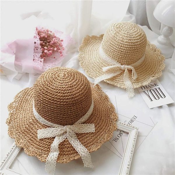 Floppy solhatt for barn - Pakkbar solhatt med visir - Foldbar sommerhatt for strand med blonder og sløyfe for småbarn og jenter