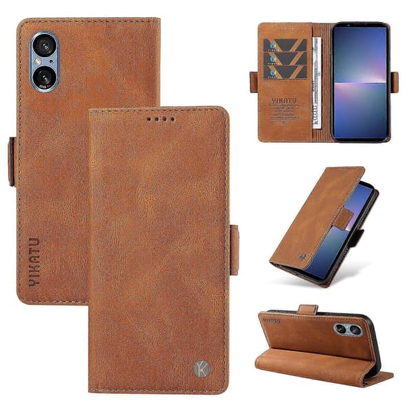 Læder telefoncover med foldbart stativ og pung til Sony Xperia 5 V Brown