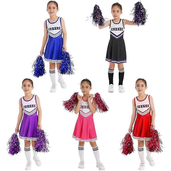 Piger Cheerleading Uniform Dansekostume Børn Cheerleader Outfit Rund Halsudskæring Patchwork Stil Danskjole Blomst og Sokker red 3-4 Years