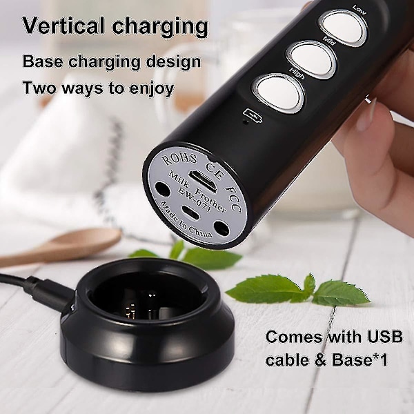 Melkeskummer Håndholdt, 3-trinns USB Oppladbar Elektrisk Visp, Mini Skummaker, Med 3 Rustfrie Visper Perfekt For Bulletproof Kaffe, Lattes, Cappuccino black