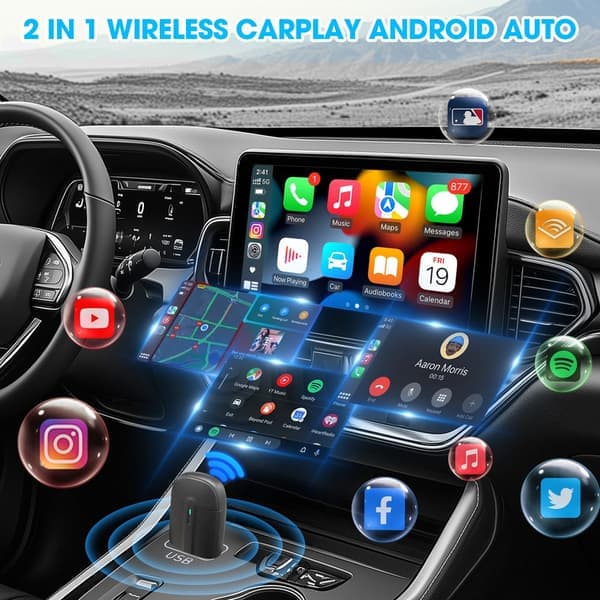 2-in-1 langaton autoadapteri USB Type-C Plug-and-Play -liitännällä tehdasasennetulle langalliselle CarPlay Android Autolle langattomaksi, musta
