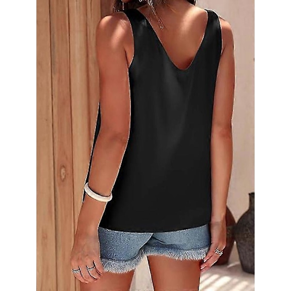Dame Silke Sateng Tanktopper V-hals Casual Cami Ermeløse Camisole Bluser Black M