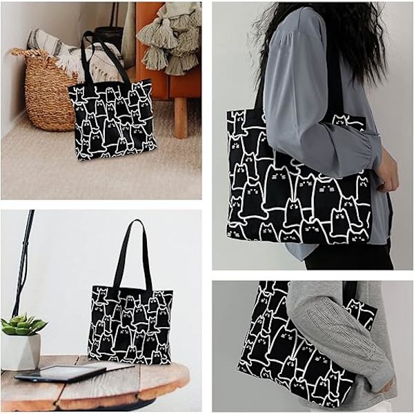 Katt Canvas Tote Bag, tote bag med dragkedja, canvasväska, bomull återanvändbar shoppingväska med ficka, söta katt tote strandväskor estetiska