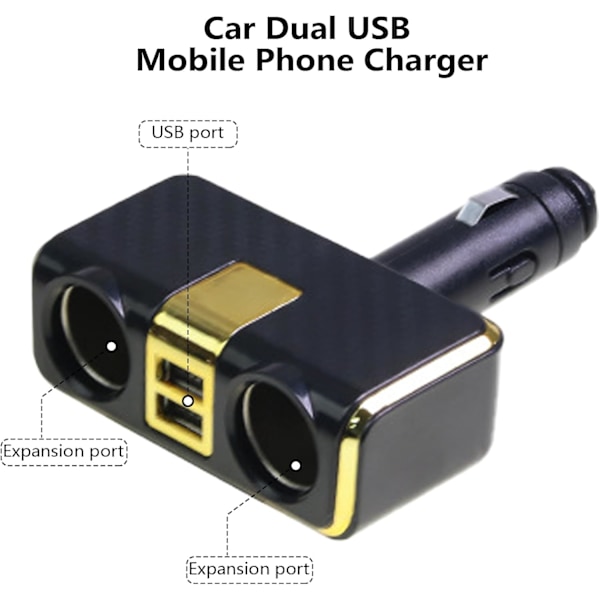 Billadapter for bil med 1 til 2 billadere med 2xUSB-port 100W hurtiglading billadapter for 12-24V kjøretøy Gold