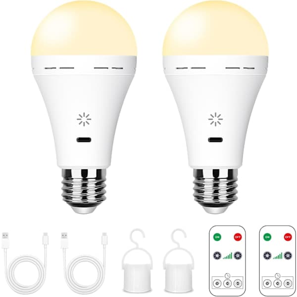 Uppladdningsbara LED-lampor - 7W E27 med fjärrkontroll & touchdimmer | Nödljus för camping (varmvit) 2-pack-FX-