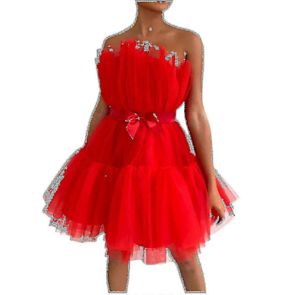 Dame Tyl Kjole Ærmeløs Kort Kjole Ensfarvet Mesh Prinsesse Stropløs Festkjole_x Red 38