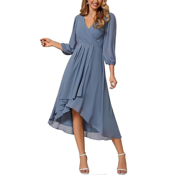 Chiffon Forår V-hals Lange Ærmer Plisseret A-Linje Midi Længde Bryllupsgæst Kjole til Kvinder Light Blue 2XL