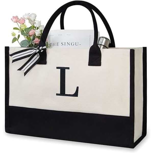 Personalized Initial Canvas Beach Bag, Monogrammed Gift Tote Bag for Women