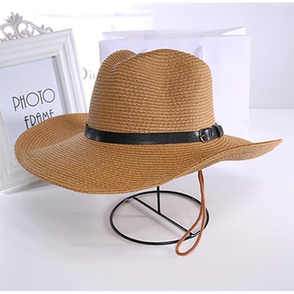 Unisex Solhatt av Halm Panamahatt Fedora Trilbyhatt Safari Strandhatt Sol UV-beskyttelsehatt med Justerbar Hakestropp for Menn Kvinner