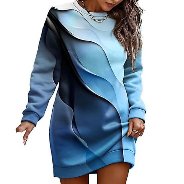 Dam Höst Vinter Sweatshirt Klänning Blommönster Rund Hals Långärmad Lös Pullover Tjock Varm Mellanlång Elastisk Manschett Dam Vår Mini Klänning blue L